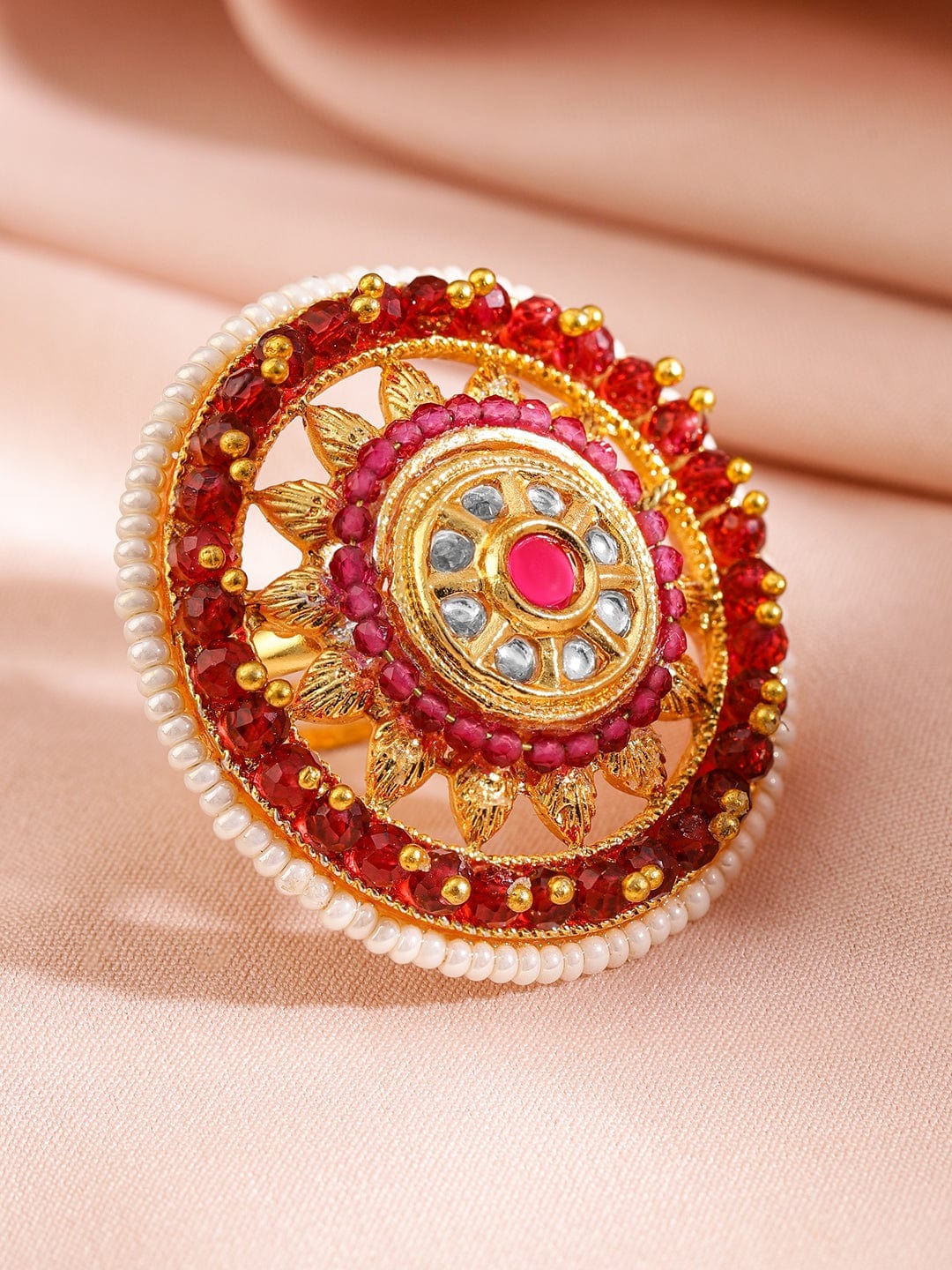 Luxurious 18KT Gold-Plated Kundan & Pearl Adjustable Ring – Exquisite Statement Jewelry