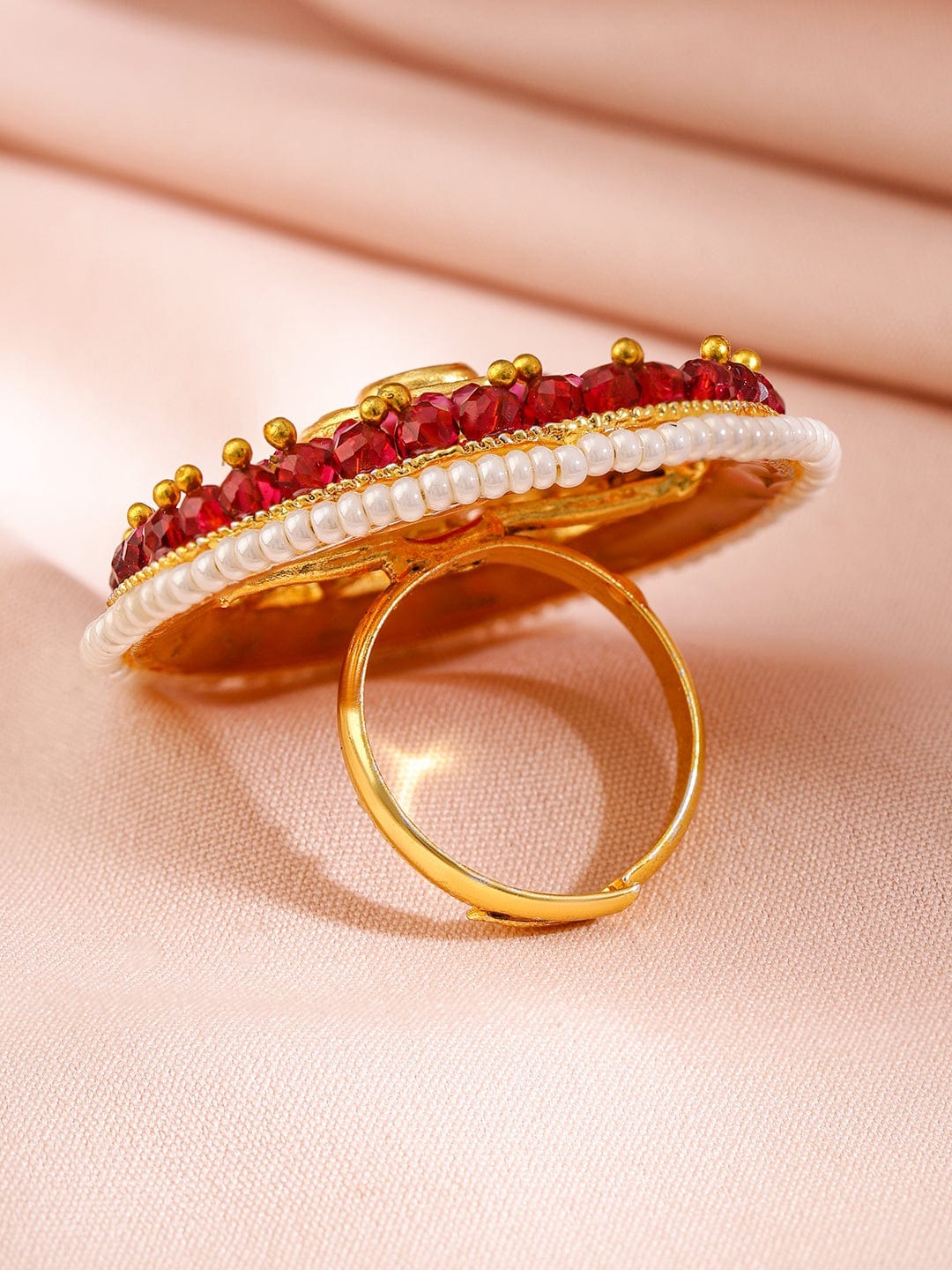 Luxurious 18KT Gold-Plated Kundan & Pearl Adjustable Ring – Exquisite Statement Jewelry