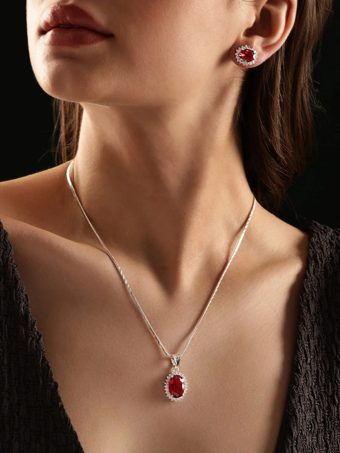 Rhodium-Plated Ruby Red Zirconia Oval Pendant Set – Timeless Glamour and Style