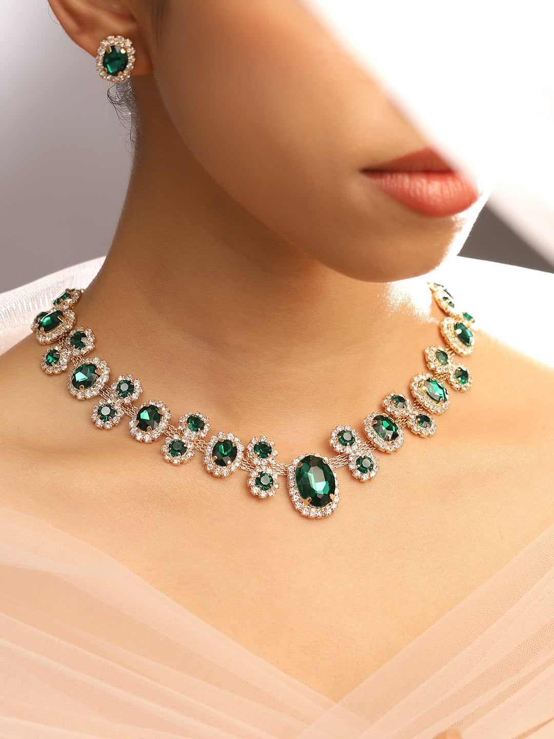 Stunning 18K Gold-Plated Emerald Green Crystal & Cubic Zirconia Necklace Set | Luxe Look for Weddings & Parties